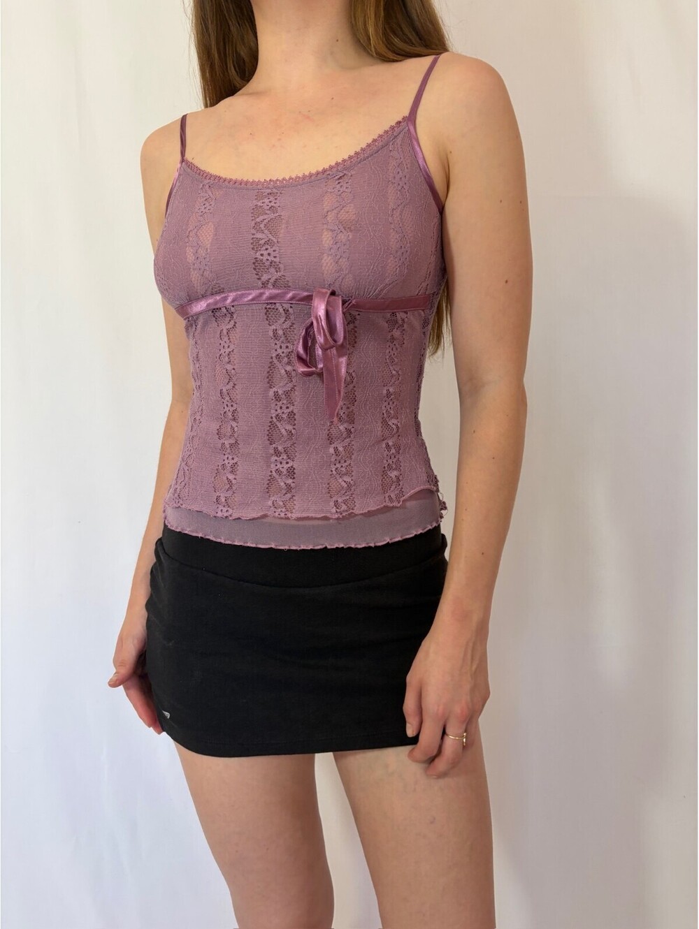 Dusty Rose Purple Lace Overlay Dainty Ribbon Y2k Coquette Cami